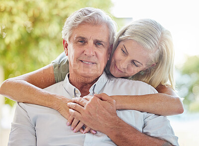 Buy stock photo Senior couple, portrait and hug shoulders with smile, care and connection with love in home for retirement. Elderly man, woman and happy for embrace, bonding and relax together in backyard garden