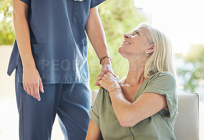 Buy stock photo Senior care, caregiver and old woman holding hands with smile, trust and advice in lounge at nursing home. Support, homecare and elderly person with nurse, happy healthcare and respect in living room