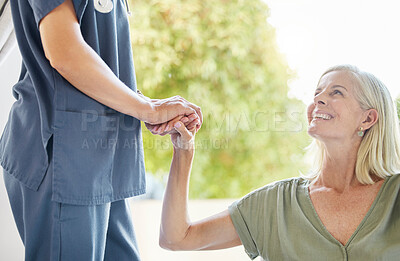 Buy stock photo Women, nurse and senior patient with holding hand for help, support and happy with care at home. People, smile and satisfied with caregiver for healthcare, recovery and trust with pensioner 
