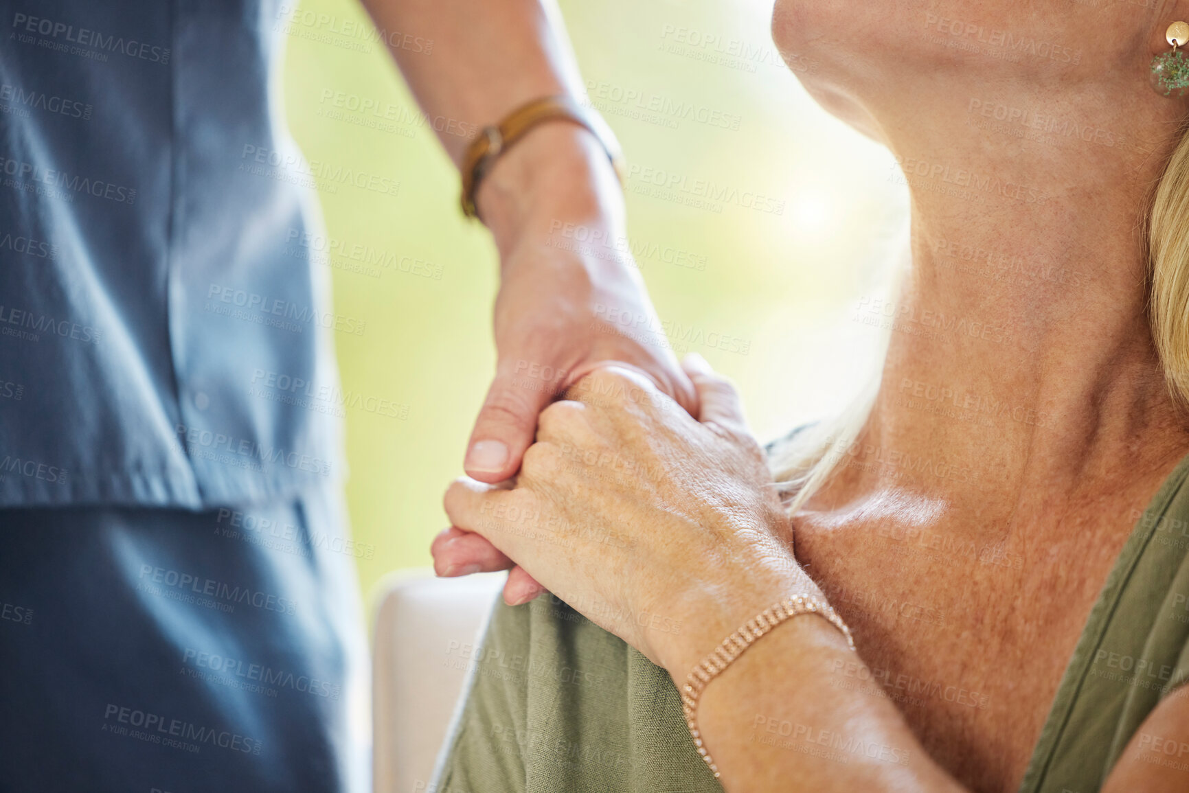 Buy stock photo Senior care, nurse and old woman holding hands with smile, trust and respect in lounge at nursing home. Support, homecare and elderly person with caregiver, healthcare and consultation in living room