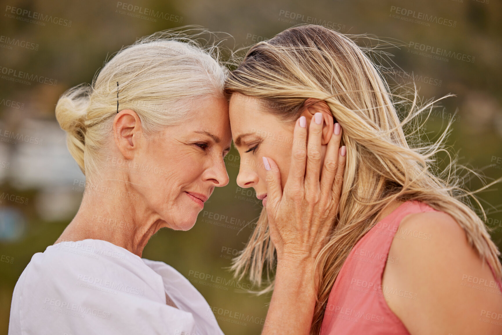 Buy stock photo Beach, love and senior mother with woman on holiday, vacation and weekend together. Happy family, summer and mature mom with daughter by ocean for bonding, relationship and affection at sunset