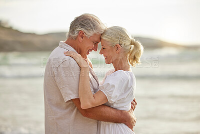 Buy stock photo Love, beach and senior couple hug at water on bonding holiday, embrace and island travel. Nature, man and woman on romantic ocean date together with smile, care and happy tropical retirement vacation