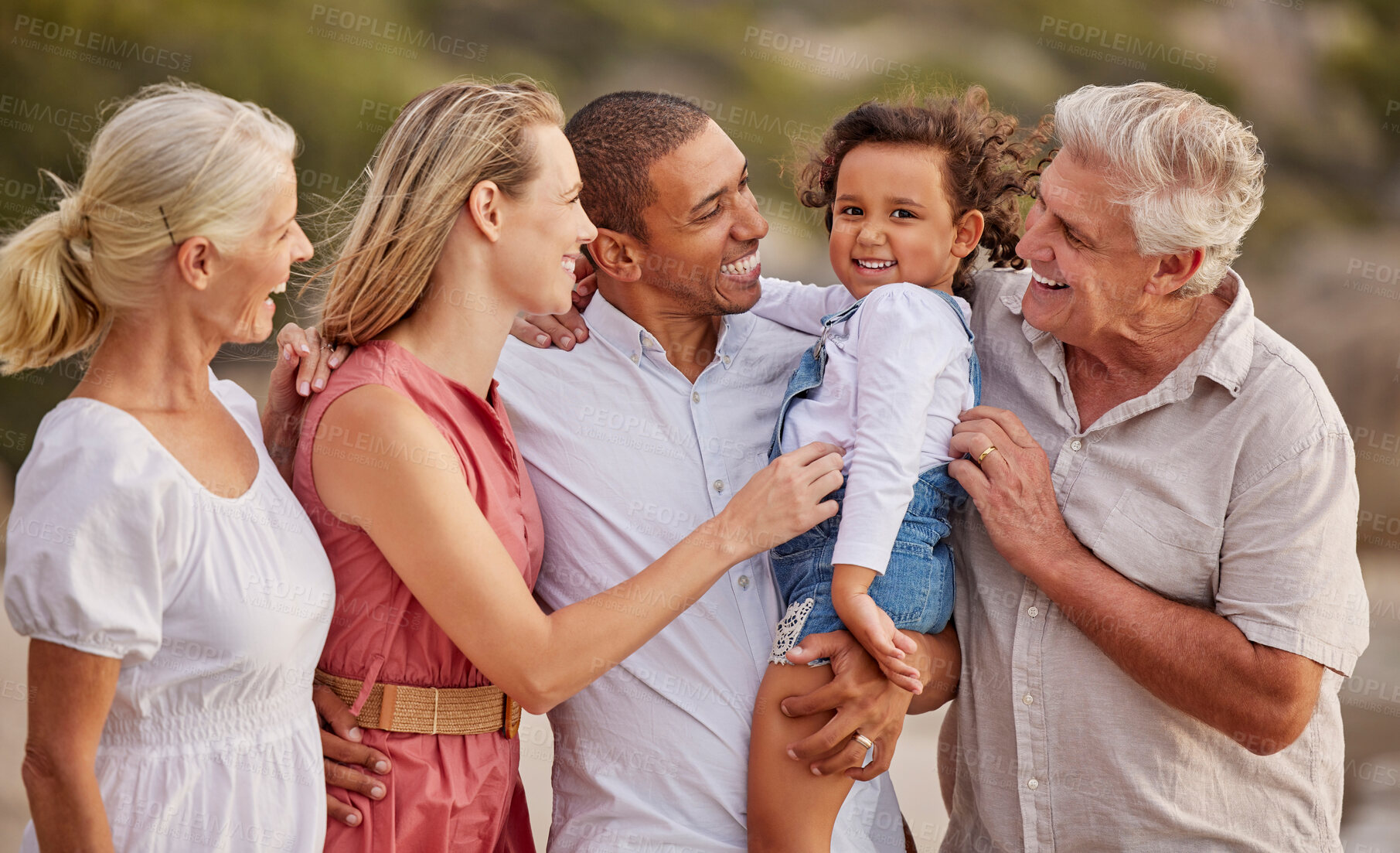 Buy stock photo Happy grandparents, parents and kids on beach for bonding, relationship and relax in nature. Family, travel and mom, dad and children by ocean on holiday, vacation and adventure together by seaside