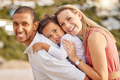 Buy stock photo Beach, hug and portrait of parents and child by sea for bonding, relationship and relax in nature. Family, happy and mom, dad and kid by ocean on holiday, travel vacation and adventure outdoors