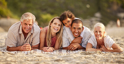 Buy stock photo Beach, portrait and grandparents, parents and child for bonding, relationship and relax by seaside. Family picnic, travel and mom, dad and kid by ocean on holiday, vacation and adventure on sand