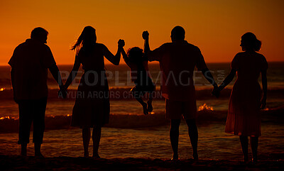 Buy stock photo Family, generations and happy with swing at beach for bonding on break, relax and fun in Spain. People, back and playful on silhouette at ocean on holiday with smile for child development and growth