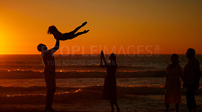 Buy stock photo Family, generations and happy at beach for bonding on break, relax and fun in Spain. People, smile and playful on silhouette at ocean on holiday with happiness for travel, trip and adventure to chill