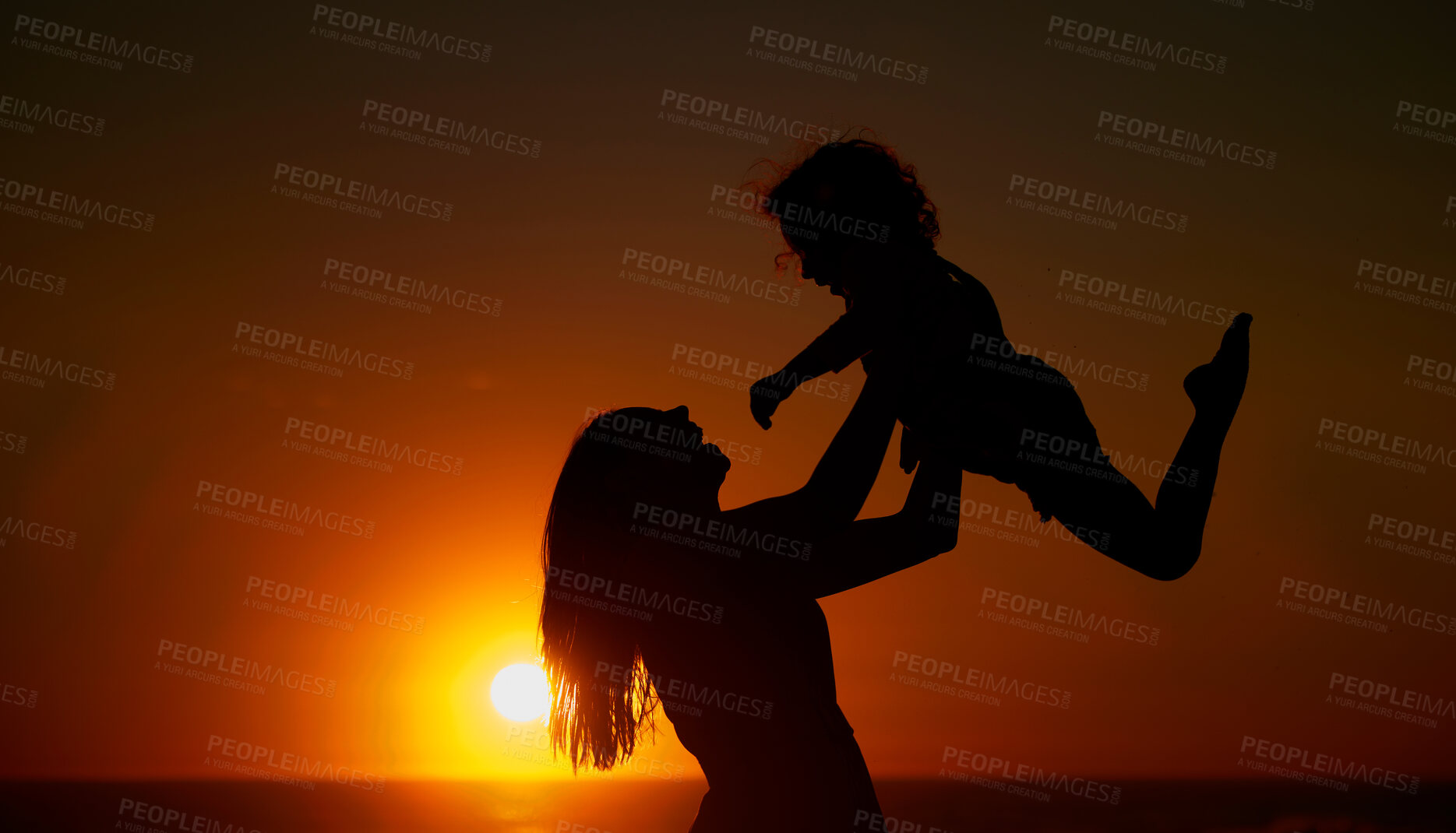 Buy stock photo Mom, kid and happy with lifting at beach for bonding on break, relax and fun in Spain. People, family and playful on silhouette at ocean on holiday with smile for child development, growth and care