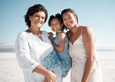 Buy stock photo Outdoor, portrait and old woman with family, beach and grandma with granddaughter, bonding and love. Happy, girl and mom on vacation, sea and relax in holiday, travel and smile of child in Portugal