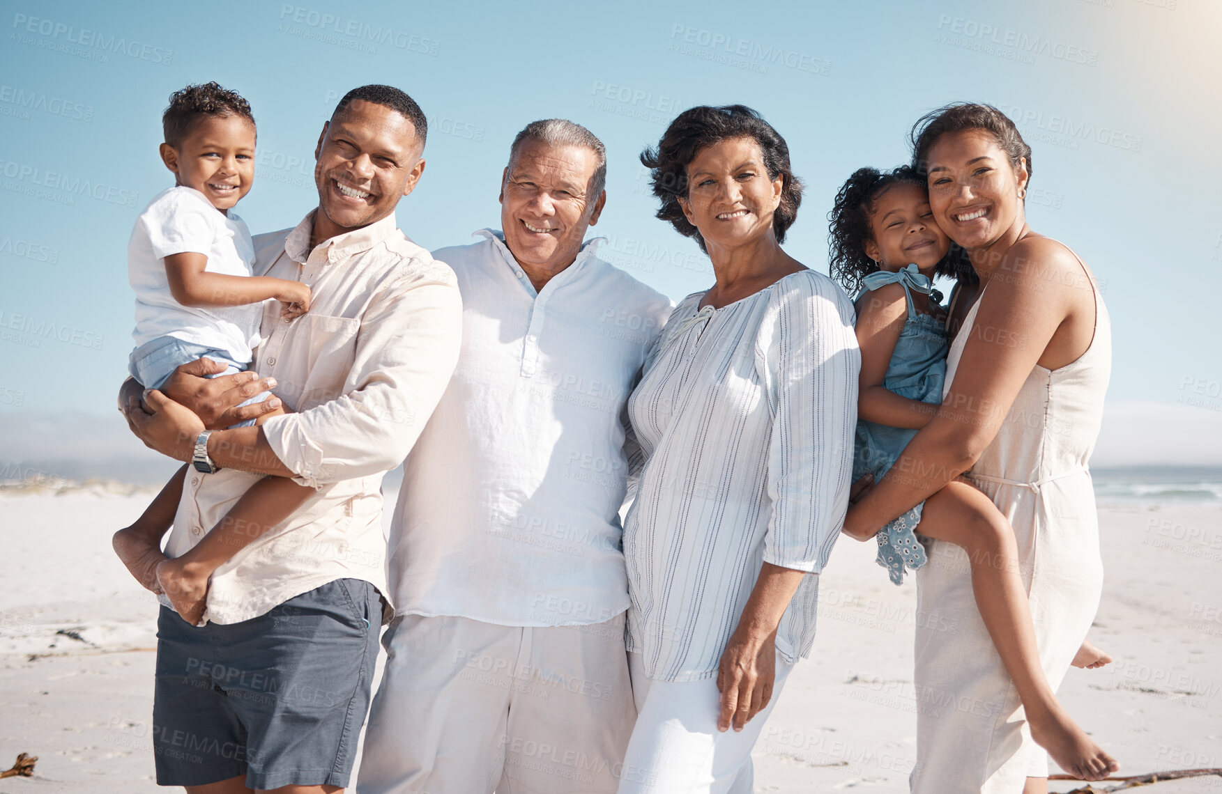 Buy stock photo Outdoor, travel and portrait of big family, beach and grandparents with grandkids, bonding and love. Happy, father and girl with mom, sea and relax in holiday, vacation and children with smile