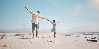 Buy stock photo Back, dad and girl at beach with happiness for bonding on holiday, break and relax in Brazil. People, parent and kid with playing on vacation to chill for child development, growth and care on trust