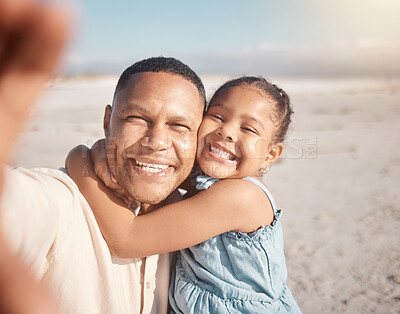 Buy stock photo Dad, girl and happy at beach on selfie for bonding on holiday, break and relax in Brazil. People, family and kid with smile on vacation at ocean for social media or profile picture with support