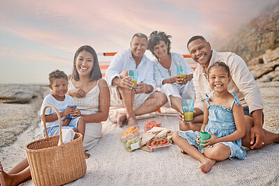 Buy stock photo Happy family, beach and portrait of kids at picnic for holiday, vacation and summer travel. Lunch, food and people by sea  with parents, generations and children with juice at celebration to relax