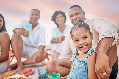 Buy stock photo Happy family, beach and portrait of child at picnic for holiday, summer or lunch. Face, food and people by sea with parents, generations and girl drink juice with grandparents at celebration to relax