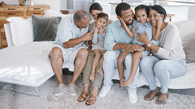 Buy stock photo Mother, father and grandparents with kids on sofa, bonding together and happiness in lounge. Apartment, generations and big family on couch, smile and love with break, playful and joyful with care