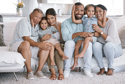 Buy stock photo Love, portrait and smile with big family on sofa in living room of home together for bonding or visit. Happy, hug or relax with senior people, parents and sibling children in apartment on weekend