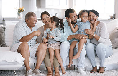 Buy stock photo Mother, father and grandparents with kids on couch, bonding together and happiness in lounge. Apartment, generations and big family on sofa, care and love with break, playful and joyful with smile