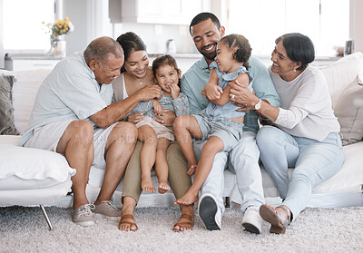 Buy stock photo Mother, dad and grandparents with kids on sofa, bonding together and happiness in lounge. Apartment, generations and big family on couch, home and care with break, playful and joyful with love