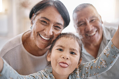 Buy stock photo Selfie, goofy and portrait of child with grandparents in home for memory, bonding or family time. Smile, love and face of girl kid with grandmother and grandfather for photography picture in house.