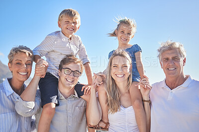 Buy stock photo Portrait, big family and children for summer holiday, vacation and travel adventure. Happy kids, parents and grandparents with smile, joy and seaside tourism for childhood bonding and outdoors fun