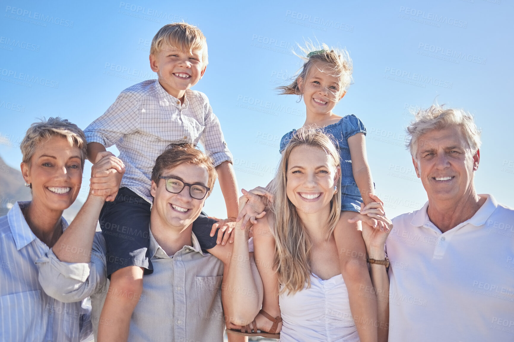 Buy stock photo Portrait, big family and children for summer holiday, vacation and travel adventure. Happy kids, parents and grandparents with smile, joy and seaside tourism for childhood bonding and outdoors fun