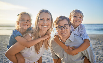 Buy stock photo Parents, kids and happy at beach with piggyback on portrait for bonding, care and love in Mauritius. Family, people and smile with support at seaside on holiday, journey and travel for memories