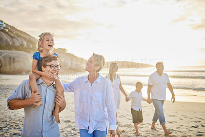 Buy stock photo Family, beach and walking with fun, parents and kids together with grandparents outdoor. Sunset, travel and love of generations with smile, happy and support holding hands by the sea in Florida