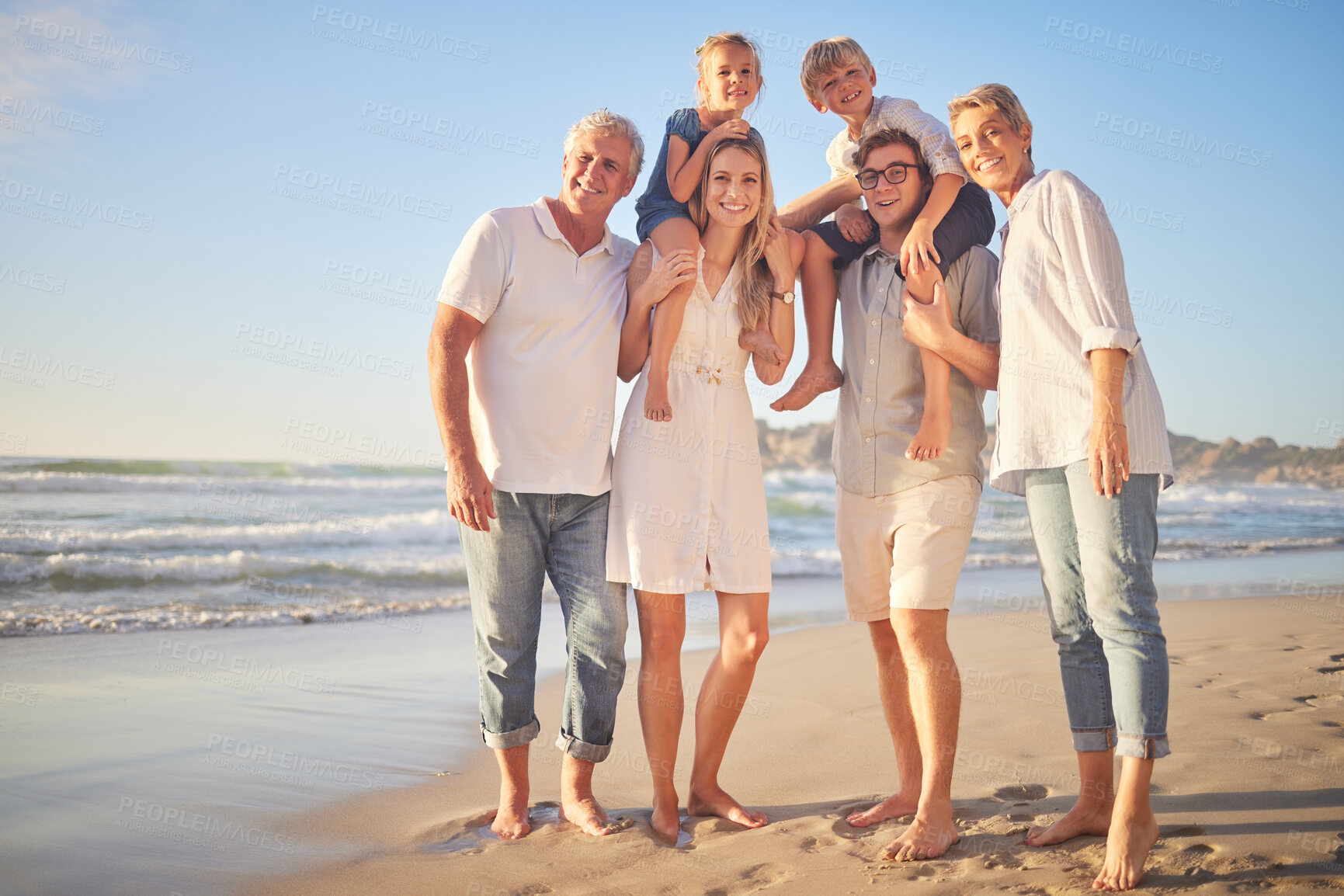 Buy stock photo Generations, family and smile at beach on portrait for bonding, care and love in Mauritius. Outdoor, people and happy with support at seaside on holiday, journey and travel for memories and fun