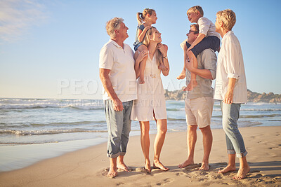 Buy stock photo Generations, family and laughing at beach on portrait for bonding, care and love in Mauritius. Outdoor, people and happy with support at seaside on holiday, journey and travel for memories and fun