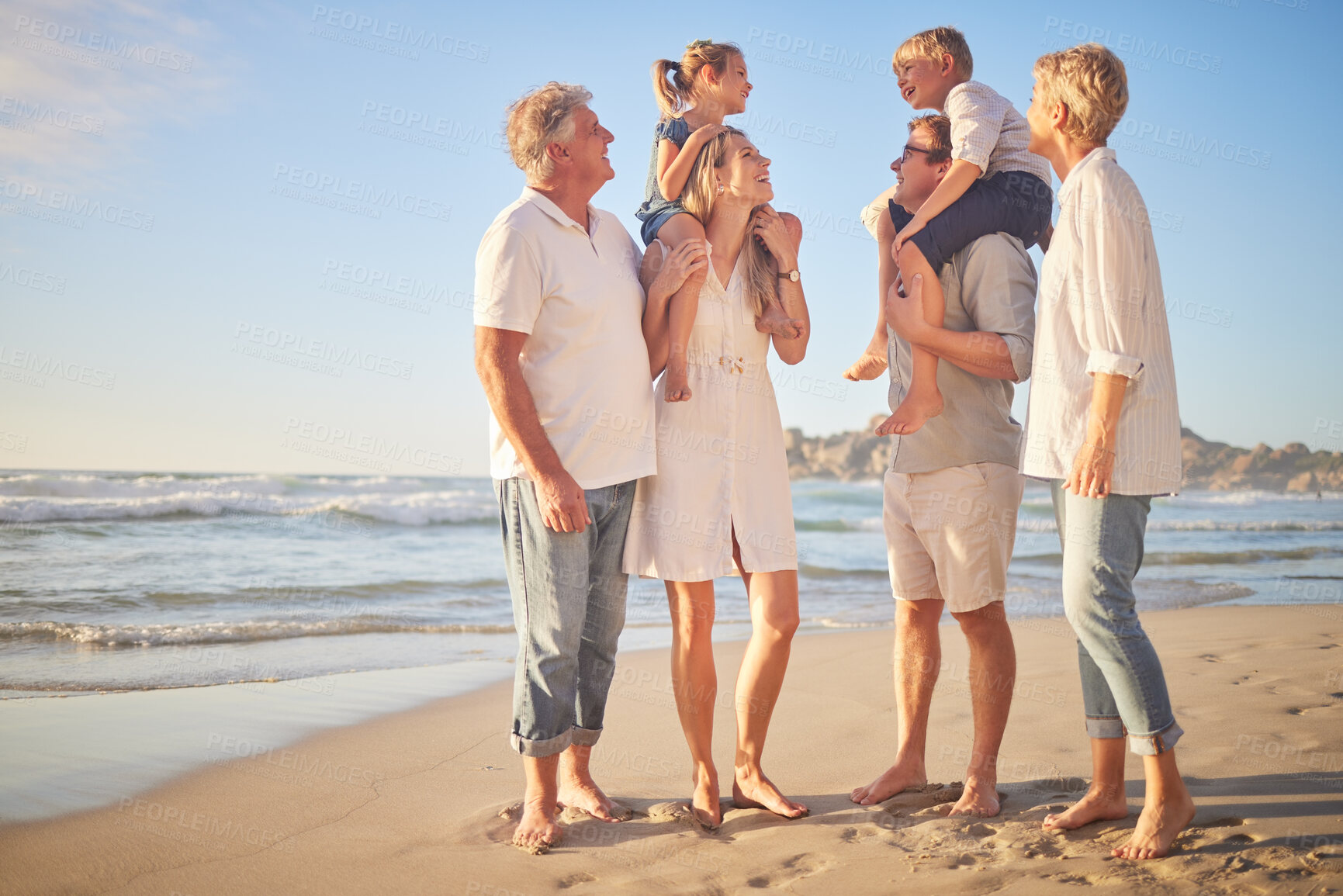 Buy stock photo Generations, family and laughing at beach on portrait for bonding, care and love in Mauritius. Outdoor, people and happy with support at seaside on holiday, journey and travel for memories and fun