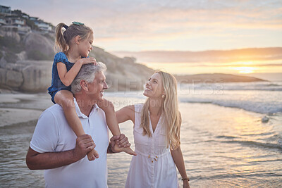 Buy stock photo Happy mother, grandfather and kid at beach at sunset on family vacation or summer trip. Ocean, mom and grandparent piggyback girl child for love, connection or support of generations together at sea