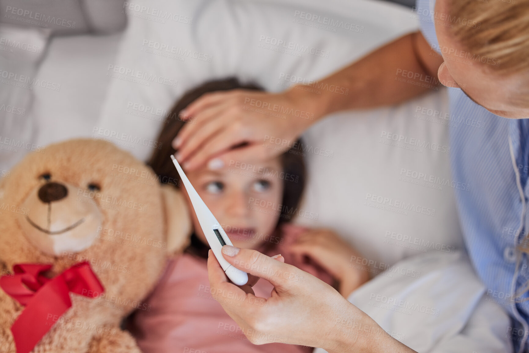 Buy stock photo Check, thermometer and parent and sick girl in bed of home with temperature for recovery or rest. Family, fever and hand with person checking forehead of unwell child in bedroom of apartment