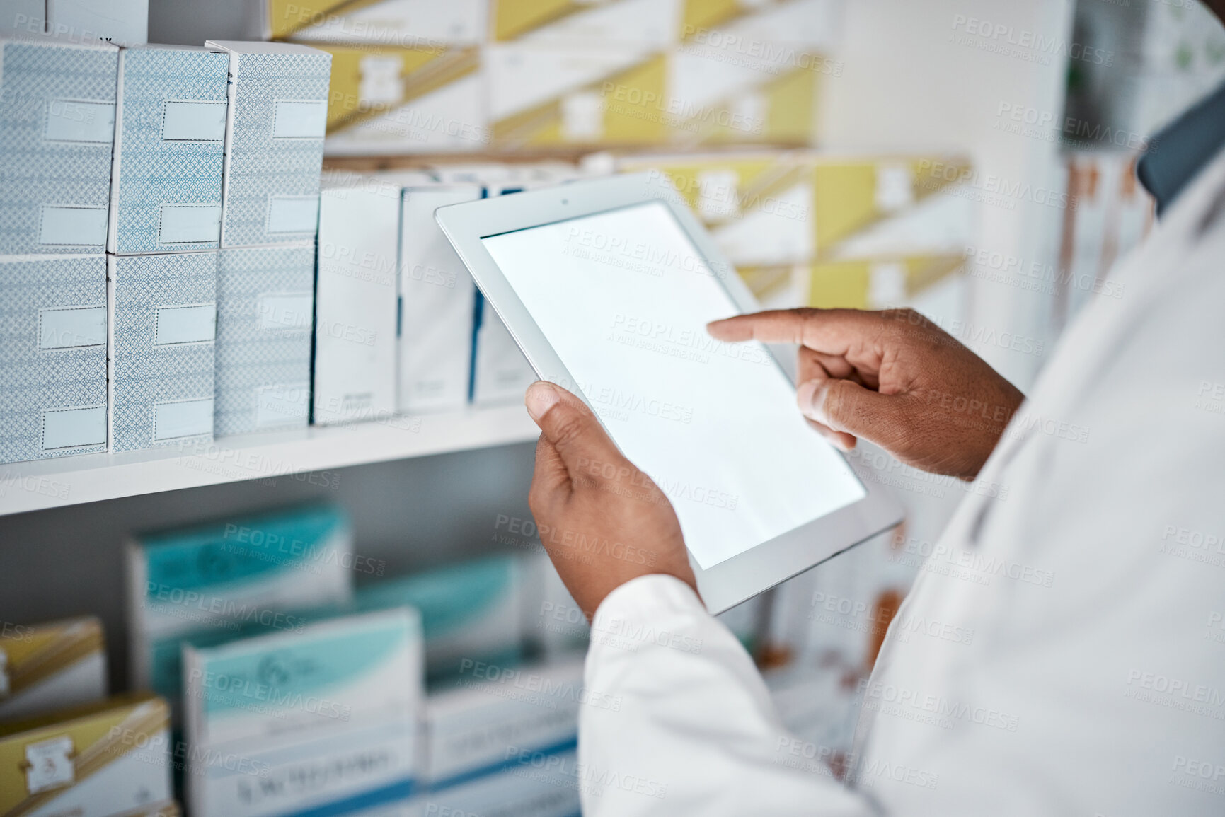 Buy stock photo Medicine, mockup or hands of pharmacist with a tablet on pharmacy database online for drugs stock or inventory. Pills, marketing space or doctor working on healthcare research on ui digital screen 