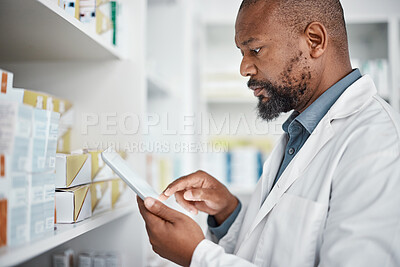 Buy stock photo Pharmacy, medicine and black man with tablet to check inventory, stock and medication for online prescription. Healthcare, medical worker and pharmacist with pills, health products and checklist