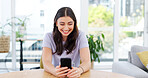 Female talking on mobile smartphone with laugh for silly or fun conversation and discussion by living room table, Happy, social media app and morning with women in apartment for discussion, contact and connection.