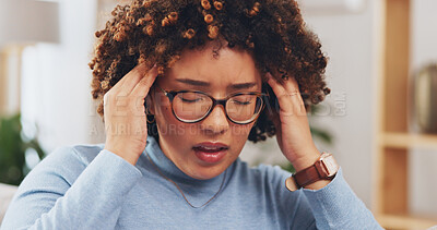 Buy stock photo Headache, pain and woman with stress or fatigue, burnout and brain fog at home with health or life crisis. Vertigo, dizziness and tired with migraine, fail or mistake, holding head and disaster