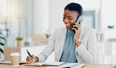 Buy stock photo Black woman, phone call and writing in book consulting for financial advice, conversation or communication at office. Happy African female accountant talking on smartphone checking data on computer