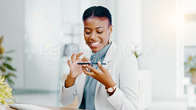 Buy stock photo Black woman, hands and phone call or business voice note for communication or consultation at office desk. Hand of African American female typing on keyboard and smartphone recording at the workplace