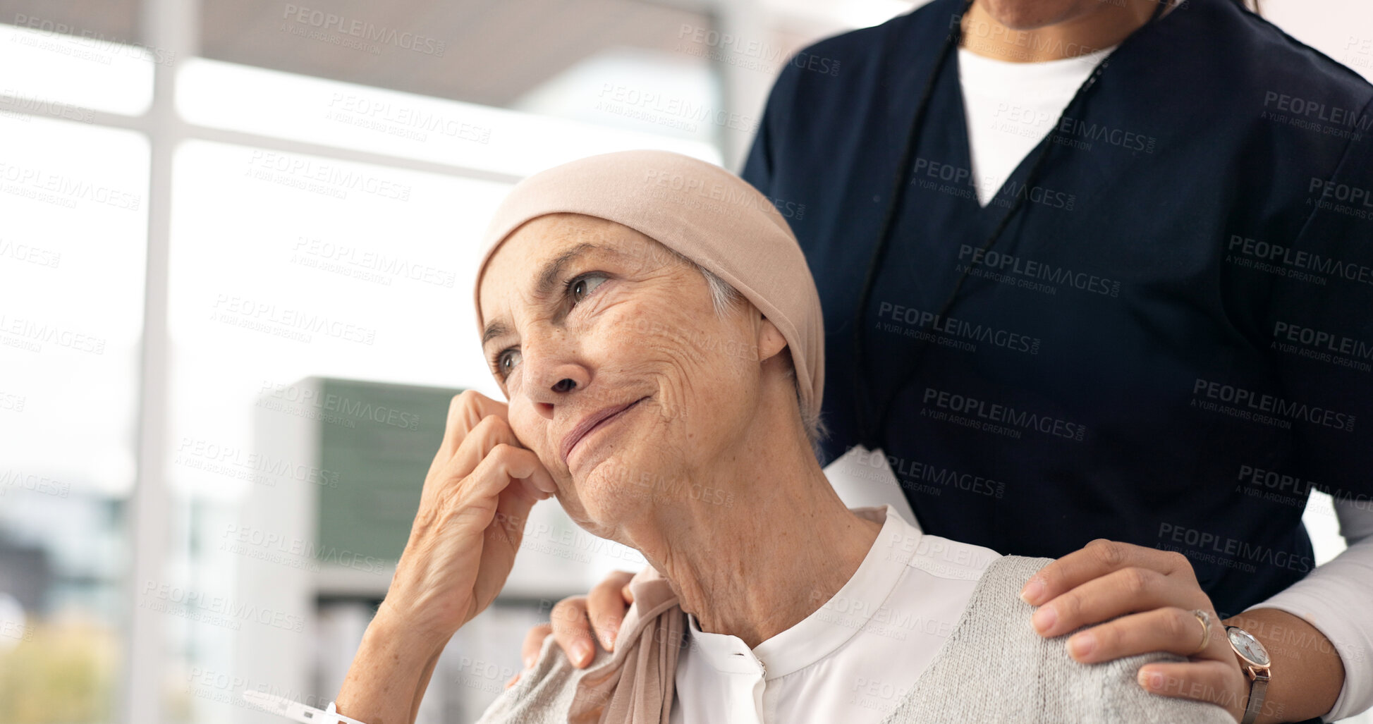 Buy stock photo Comfort, senior woman and cancer patient with nurse in hospital for support, healthcare and thinking. Sick elderly person, hand of medical professional and hope, empathy and courage in consultation