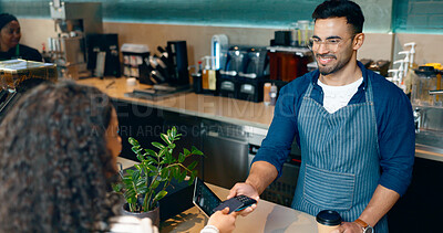 Buy stock photo Cashier, customer and credit card for POS, coffee shop fintech or digital payment in cafe or business services. Barista or people at point of sale counter with machine, tap or scan for drink order