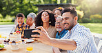 Selfie, family and funny in backyard with birthday, social media and grandparents outdoor. Home, smile and table with celebration and party cake in garden with parents and kids with love and food