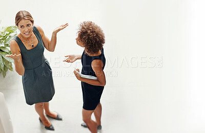 Buy stock photo Business woman, conflict and above with argument for dispute, disagreement or question at office. Top view of female person, colleagues or employees in grievance or fight at workplace on mockup space