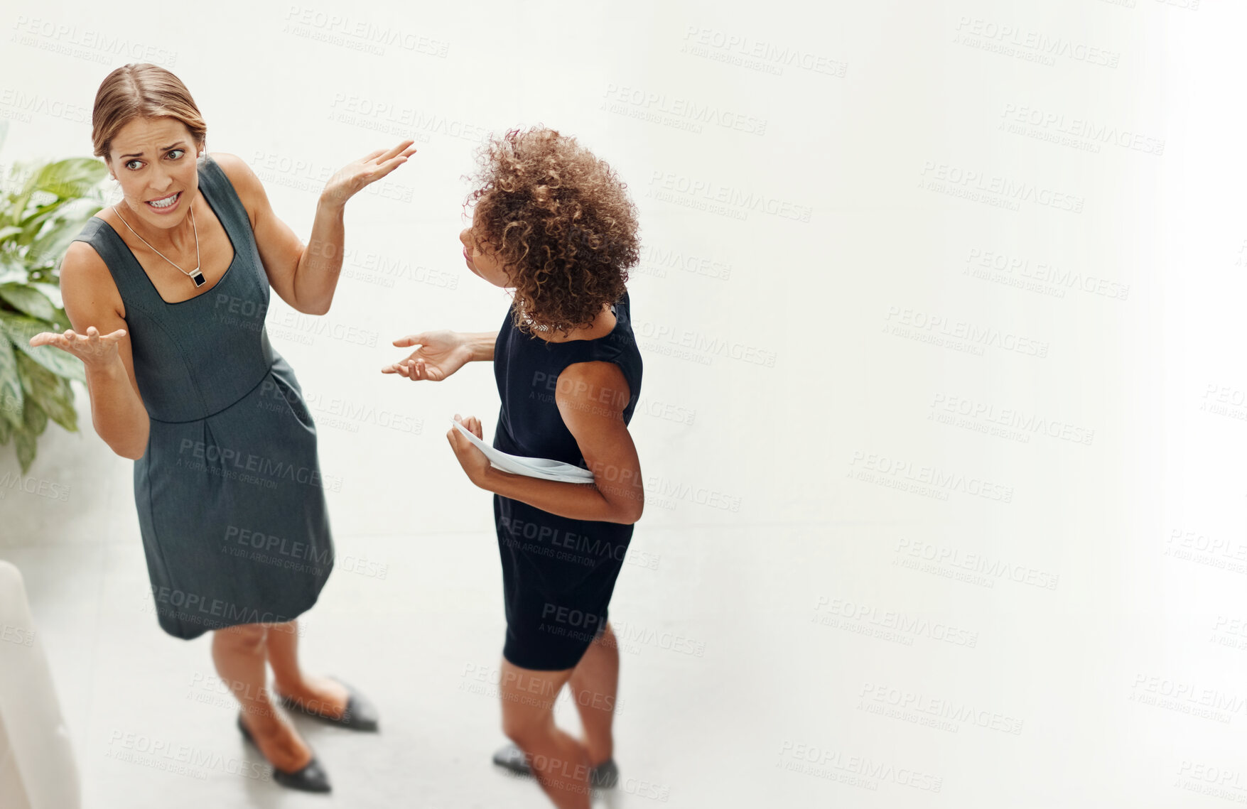 Buy stock photo Business woman, conflict and above with argument for dispute, disagreement or question at office. Top view of female person, colleagues or employees in grievance or fight at workplace on mockup space