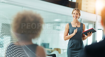 Buy stock photo Happy business woman, interview and tablet with waiting room for job or career opportunity at office. Young female person or recruiter with smile on technology for overlay or candidate at workplace