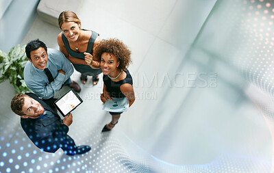 Buy stock photo Business people, overlay and above with tablet in office for portrait with diversity, teamwork or happy at job. Men, women and group on app for graphs, stats or research for economy at finance agency