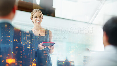 Buy stock photo City, overlay and woman with presentation in office for urban planning, development and business pitch. Happy, architect and discussion with tablet in meeting for expansion project, proposal and idea