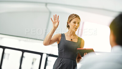 Buy stock photo Woman, tablet and talking in office for workshop, guidance and business presentation. Seminar, female speaker and tech in meeting for coaching, HR regulation or company information in conference room