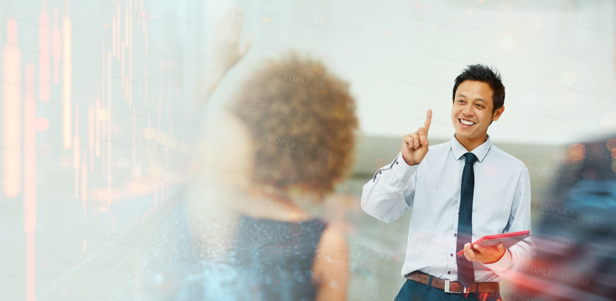 Buy stock photo Overlay, presentation and business people with question in office for trading, coaching or query. Happy, investor and employee with learning in seminar for forecasting insight, investment or feedback