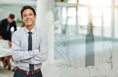 Buy stock photo Confident, portrait and man with business double exposure for leadership, professional and expertise. Pride, manager and arms crossed in office for career success, company growth or space in building