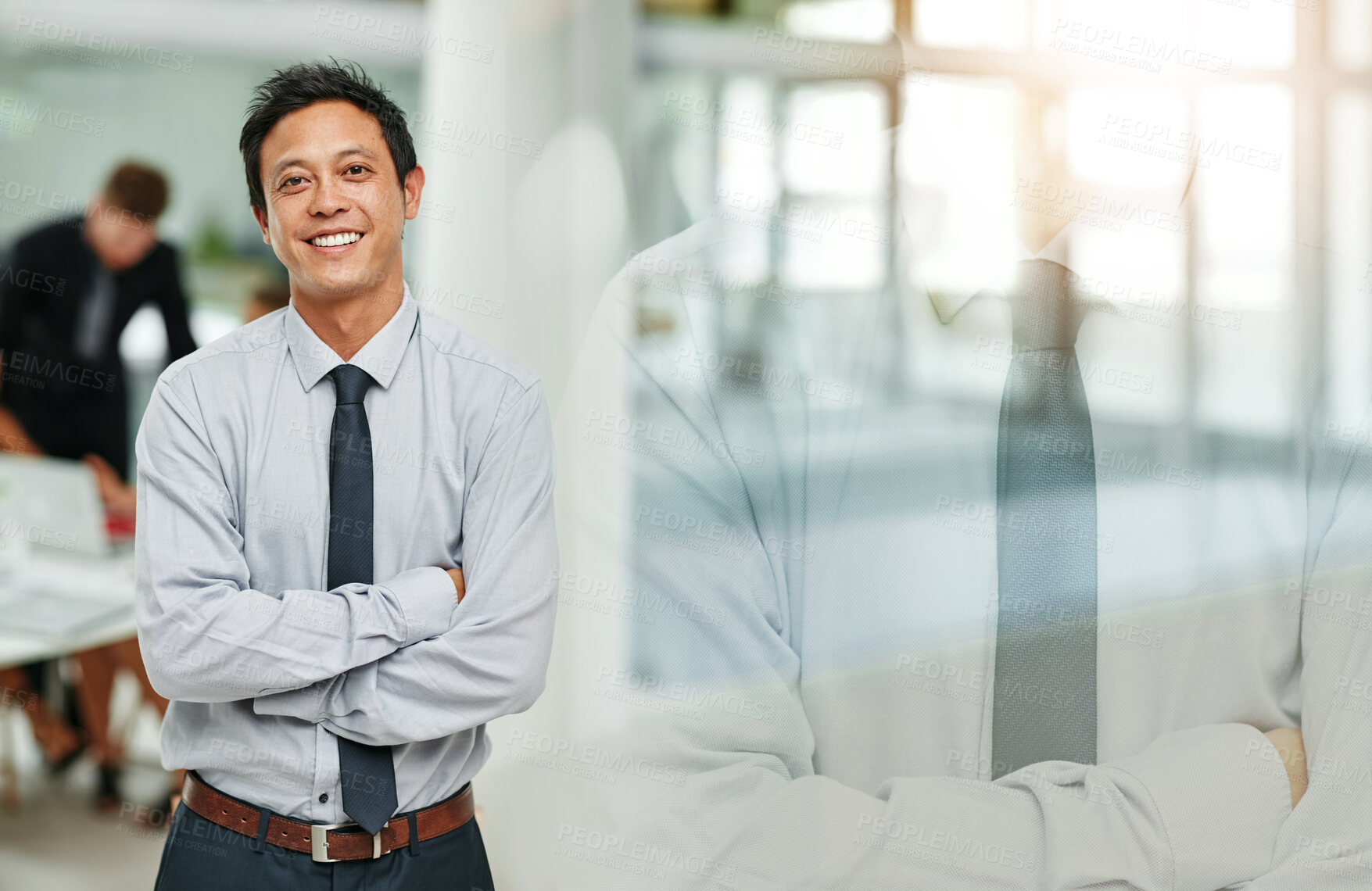 Buy stock photo Confident, portrait and man with business double exposure for leadership, professional and expertise. Pride, manager and arms crossed in office for career success, company growth or space in building